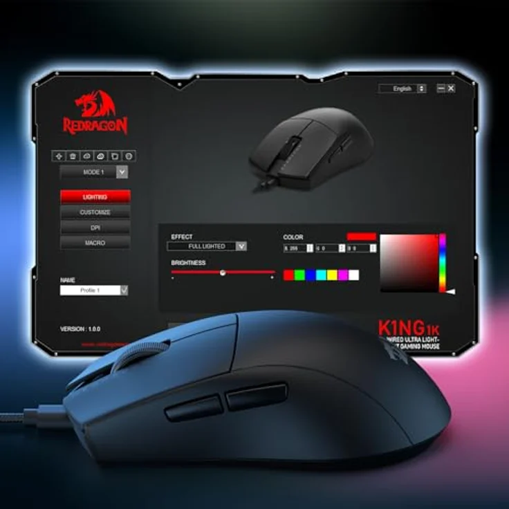 Redragon M724-1K K1NG, ultraleichte kabelgebundene Gaming-Maus mit 12000 DPI und 6 programmierbaren Tasten, schwarz – Bild 6