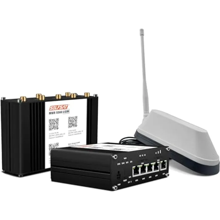 SELFSAT MWR 5560 eSIM 5G Cat 19 WLAN Router bis 3,4 Gbps mit Shark 5G Antenne, weiß, inklusive 2 SIM-Karten-Einschübe und Captive Portal Unterstützung für Campingplätze