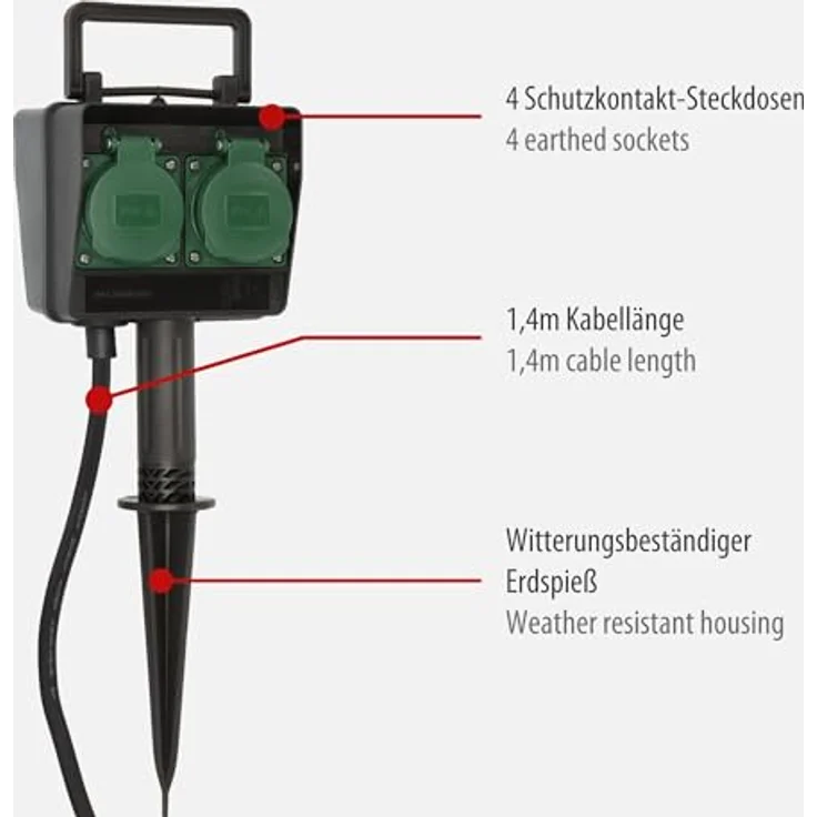 Brennenstuhl Garten-Steckdose - Außensteckdose 4-fach mit Erdspieß (witterungsbeständiger Kunststoff, Steckdose für außen mit wasserfestem Gehäuse, 1,4m Kabel) schwarz – Bild 3