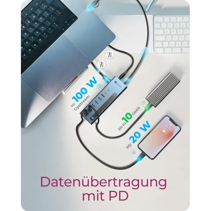 ICY Box IB-HUB1743-CPD, 9-in-1 USB-C/A Hub mit 2x USB-C & 4x USB-A, 10 Gbit/s, 100 W PD, 20 W Ladeport, Aluminium Gehäuse, inkl. Netzadapter 12V/4A – Bild 5