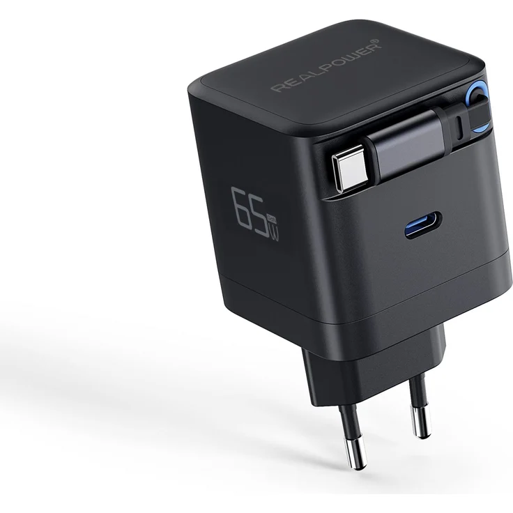 RealPower GaN Charger 65W, kompakter Ladeadapter mit 2x Type-C, schwarz, 70 cm Kabel