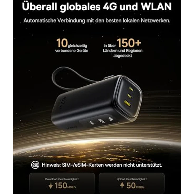 Baseus MIFI mobiler WLAN Router und Powerbank 20000mAh 67W mit USB-C, einziehbarem Ladekabel, 4G/LTE bis zu 150Mbit/s, Hotspot für bis zu 10 Geräte, kompakt für Reisen und Büro – Bild 2