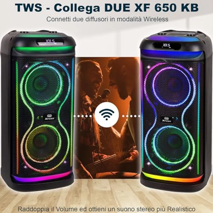 Trevi XF 650 KB Tragbarer kabelloser Lautsprecher 100 W, Schwarz, USB, Micro SD, AUX-IN, TWS-Funktion, Karaoke-Party Lautsprecher mit Lichteffekten – Bild 4
