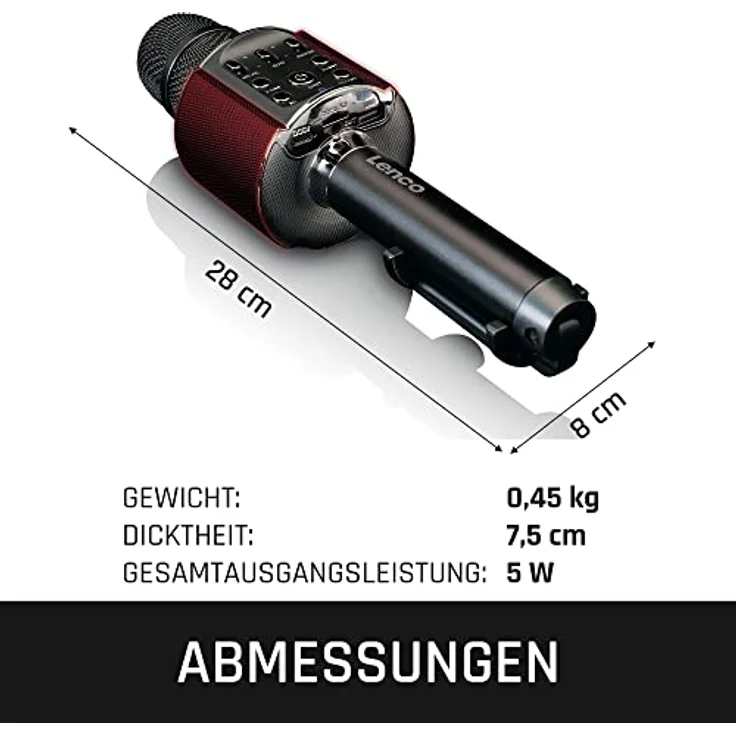 Lenco BMC-090 - Karaoke Mikrofon - Bluetooth V4.2 - Mit Smartphone-Halterung - 5 Watt RMS - LED Lichteffekte - integrierter Akku mit 1200mAh – Android und iOS - Schwarz – Bild 2
