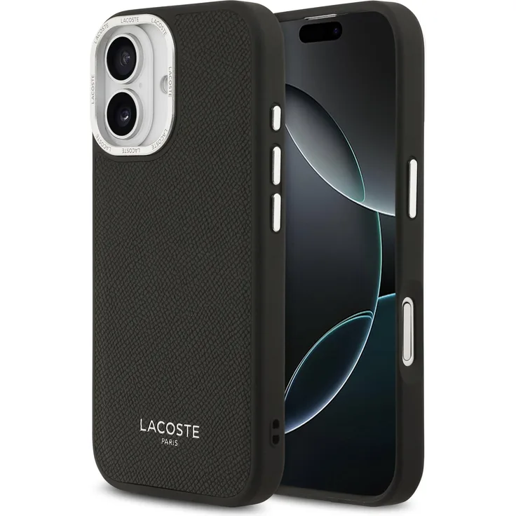 Lacoste PU Leather Champs Elysees Hülle für Apple iPhone 17, elegante und langlebige MagSafe Schutzhülle, Schwarz