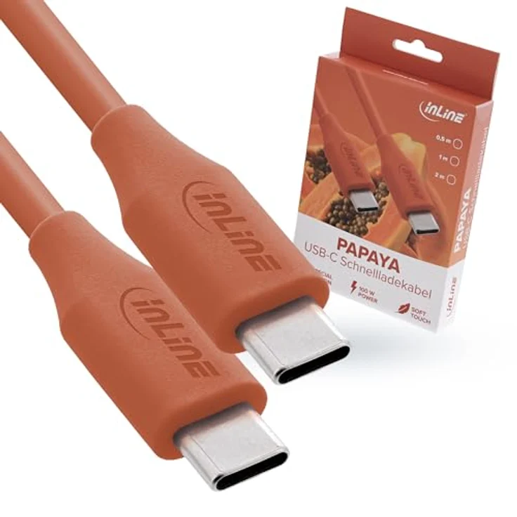 InLine Colour your Charge USB C Kabel 100W, PD Schnellladekabel, Silikon, flexibel, 0,5m, Papaya (orange) – Bild 1