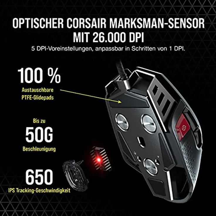 Corsair M65 RGB ULTRA, Anpassbare FPS Gaming-Maus (Optischer CORSAIR MARKSMAN-Sensor 26.000 dpi, Optische OMRON-Schalter, CORSAIR AXON Hyper-Processing-Technologie, Sensor-Fusion-Steuerung) Schwarz – Bild 4