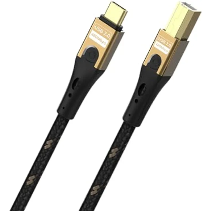 OEHLBACH USB Primus CB, USB Typ C auf Typ B Kabel mit 480 Mbps Datenrate, hochwertiger Gewebemantel, HPOCC Innenleiter, 3-fach Schirmung, schwarz/gold – 2 m