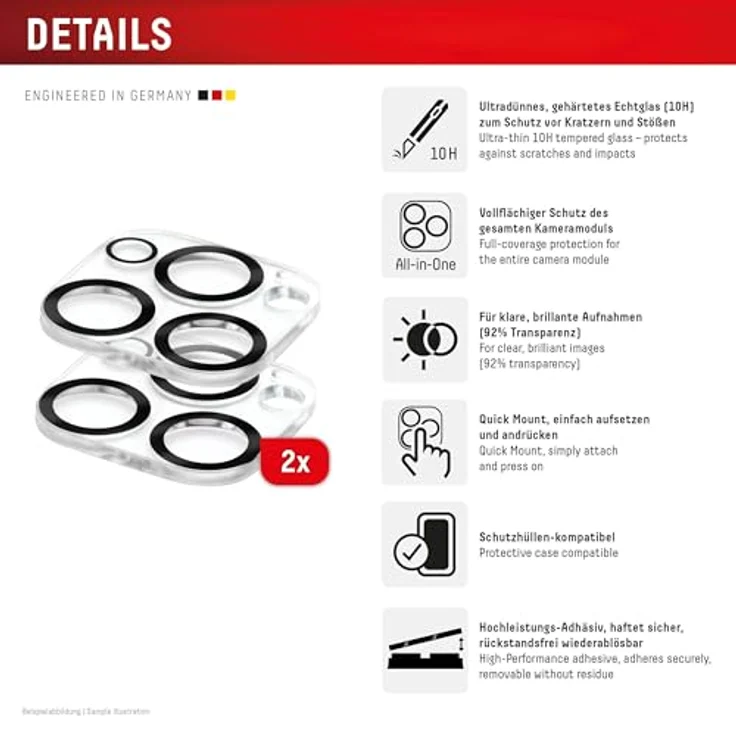 Displex Full Cover Camera Lens Glass, iPhone 16 Pro/16 Pro Max, 10H Härte, Quick Mount, 2 Stück, schmutz- und fingerabdruckgeschützt – Bild 2
