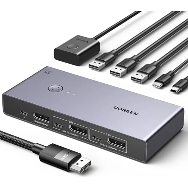 UGREEN Displayport KVM Switch DP 1.4, 8K@60Hz, 4 USB 3.0 Ports, 2 DP Kabel & 2 USB A zu C Kabel, für 1 Monitor, Tastatur, Maus, U-Disk, Drucker – Bild 1