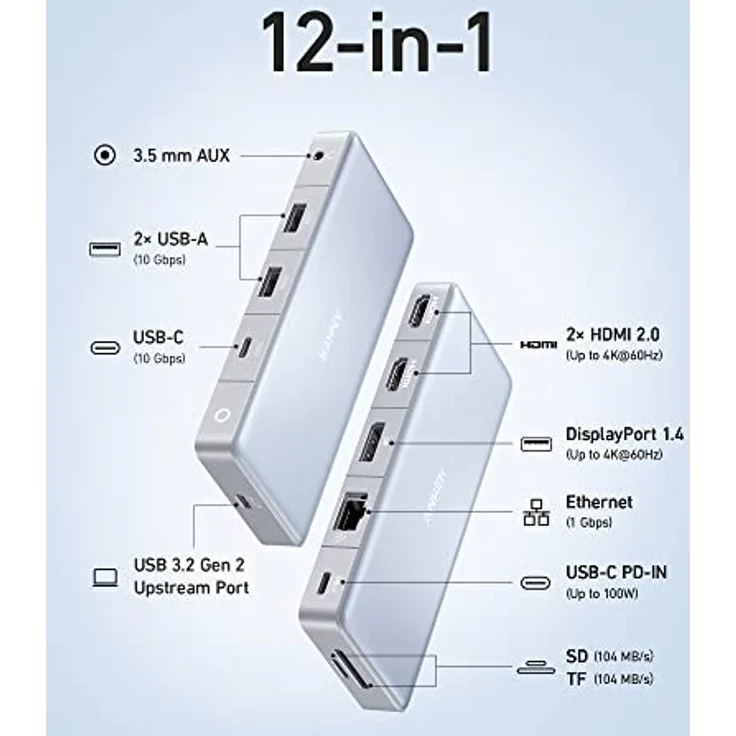Anker 575 USB-C Hub 12-in-1 (Dual HDMI, DP Triple Display, 10 GBit/s, 4K HDMI/DP, Max 100W PD, Ethernet) für Dell, Thinkpad Laptop – Bild 2