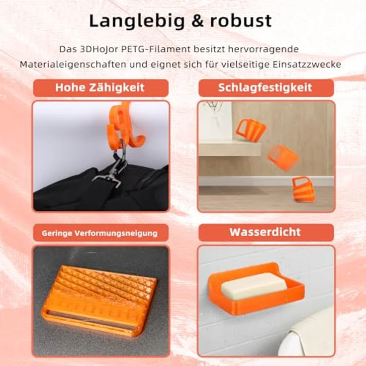 3DHOJOR PETG Filament 1.75mm, transparent, grün, blau, orange, hohe Zähigkeit und Druckstabilität, 1KG*4 – Bild 2