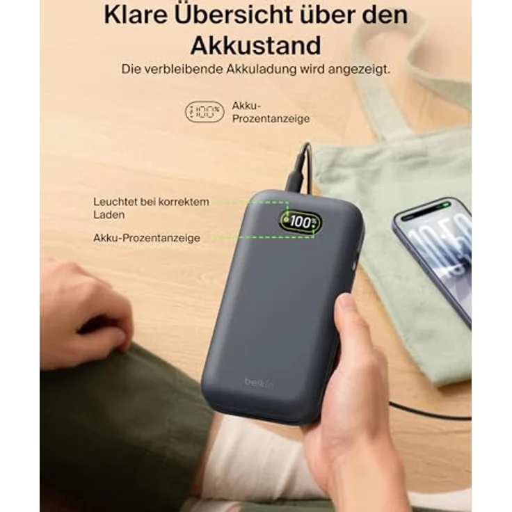 Belkin BOOST Charge Laptop Power Bank 27.000mAh, 240W, USB-C mit Kabel, für bis zu 3 Geräte, digitale Ladestatusanzeige, Handgepäck zugelassen – Bild 9