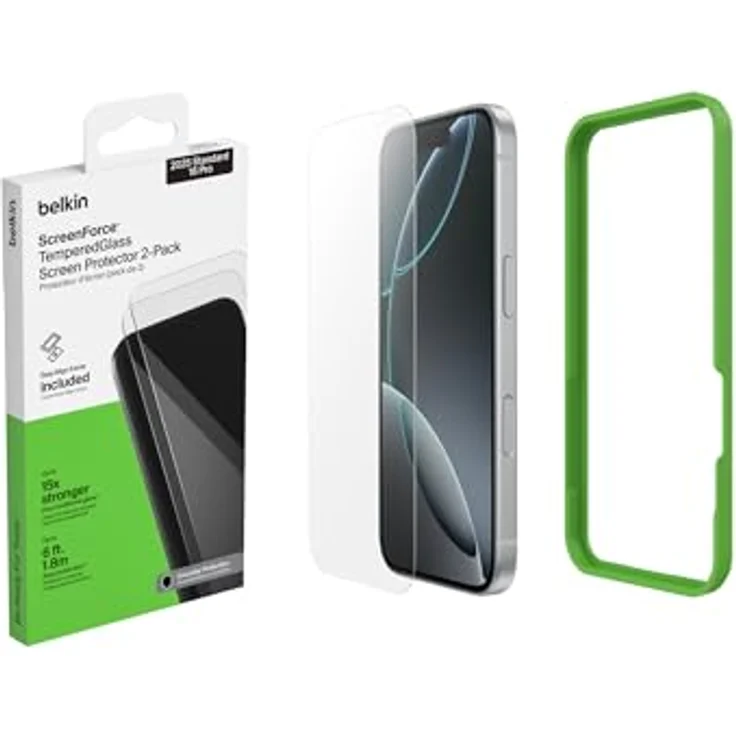 Belkin ScreenForce TemperedGlass Schutzfolie für iPhone 17 + iPhone 16 Pro, 9H Kratzfest, 0,33 mm Dünn, Blasenfreie Anbringung, 2er-Pack mit Positionierungsrahmen – Bild 1