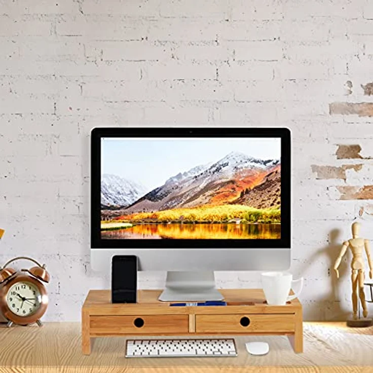 Monitorständer, aus Bambus, Bildschirmerhöhung mit 2 Schubladen & Ablagen, Schreibtisch, HBT 12x56x27cm, natur – Bild 7