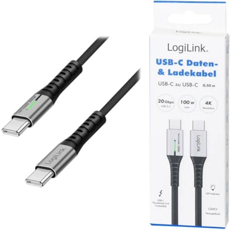 LogiLink CU0431 USB3.2 Kabel, USB-C M/USB-C M, 100W Power Delivery, mit LED-Anzeige, Metallgehäuse, 0,5m, schwarz – Bild 7