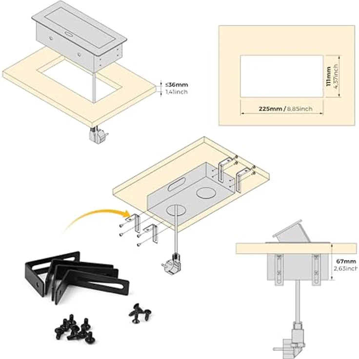 Emuca Tischsteckdosenleiste, Metallic-grau, 2x F-Typ Steckdosen, 2x USB-Anschlüsse, 265x120mm, inkl. 1,5m Kabel – Bild 4
