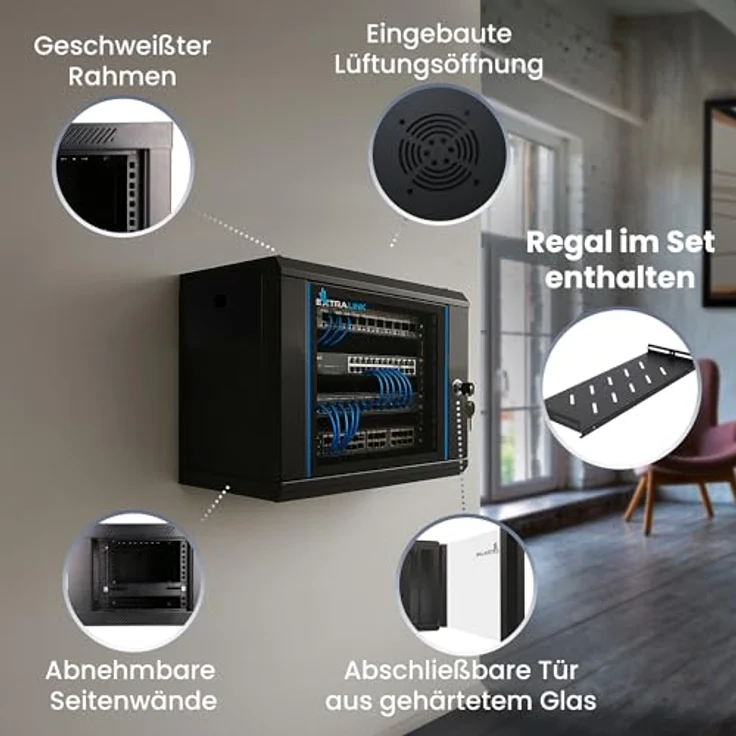 Extralink Serverschrank 19 Zoll 4HE, Netzwerkschrank schwarz mit 400mm Tiefe, Traglast 60 kg, inkl. praktischer Regale, Wand- oder Standmontage – Bild 2