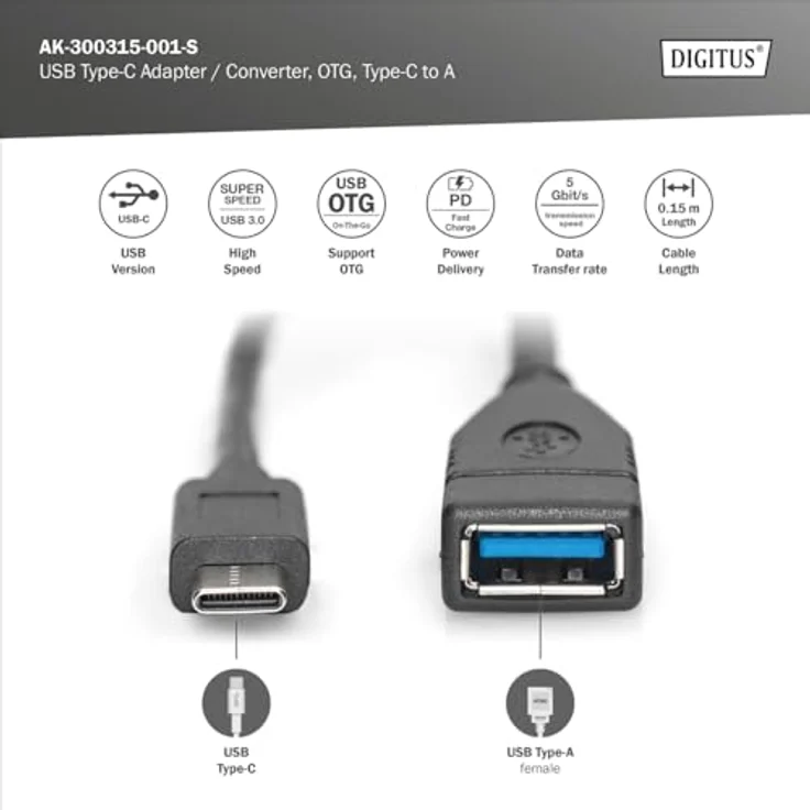 Assmann USB 3.1 OTG Adapterkabel C auf A Buchse 0,15m schwarz Datenübertragungen bis 5 Gbit/s - 10-mal schneller als USB 2.0 - 3A Stromversorgung, Typ C-Stecker beidseitig verwendbar - Anschluss 1: USB C, Stecker - Anschluss 2: USB A, Buchse - Doppelt ges - Preisvergleich – Bild 2