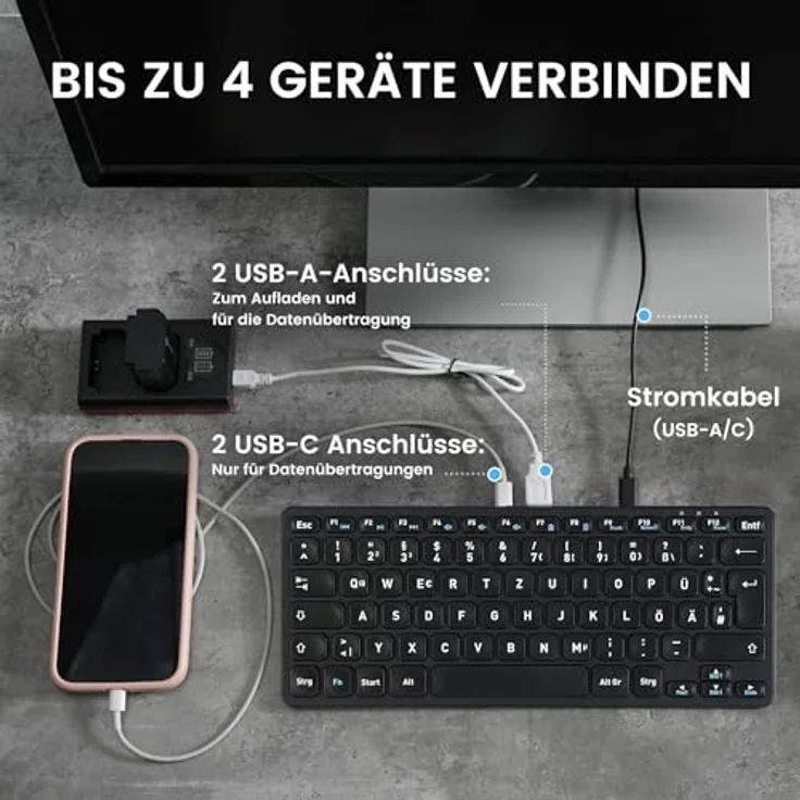 Perixx PERIBOARD-416 DE Kabelgebundene Mini USB Leise Tastatur mit 4 Hubs, X Type Scheren Taste, Groß gedruckte Tasten (schwarz) – Bild 3