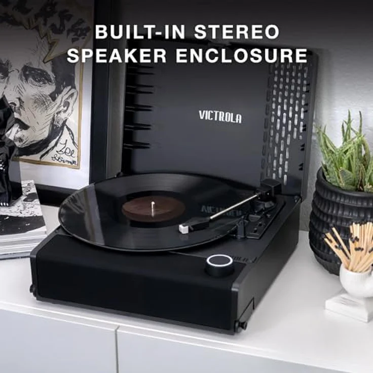 Victrola Revolution GO Tragbarer Bluetooth-Plattenspieler mit DREI Abspielgeschwindigkeiten, nachladbarem Akku mit 12 Stunden Spielzeit und integrierten Lautsprechern | Schwarz | VSC-750SB-BLK-EU – Bild 5
