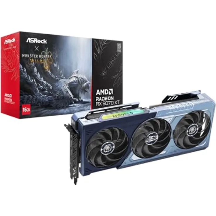 ASRock RX 9070XT 16GB Monster Hunter Wilds Edition, Grafikkarte mit GDDR6, 3 Lüfter, 4K Gaming, Raytracing, RGB-Beleuchtung