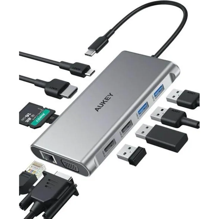 Aukey CB-C89 Aluminium USB-C Hub, 10 in 1 mit RJ45 Ethernet 10/100/1000Mbps, 4xUSB, HDMI 4k@30Hz, SD und microSD, USB-C Power Delivery 100W