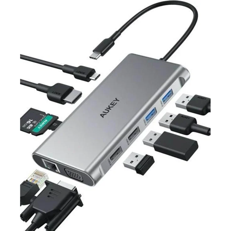 Aukey CB-C89 Aluminium USB-C Hub, 10 in 1 mit RJ45 Ethernet 10/100/1000Mbps, 4xUSB, HDMI 4k@30Hz, SD und microSD, USB-C Power Delivery 100W