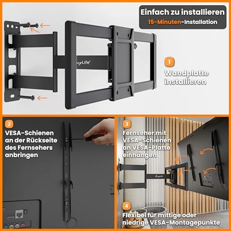 EasyLife ProMount HD90 Single XL TV Wandhalterung für große Fernseher 32–90 Zoll, neigbar & schwenkbar, bis 50 kg belastbar, VESA 600x400, inkl. Kabelmanagement, schwarz – Bild 2