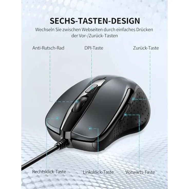 TECKNET MAUS mit Kabel, 6 Tasten, 6400 DPI, Ergonomische Optical Maus für PC und Laptop, USB-Kabel 150 cm, Grau – Bild 5