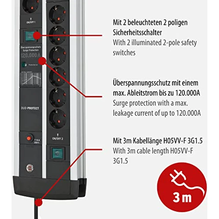 Brennenstuhl Premium-Protect-Line Gaming-Steckdosenleiste 14-fach mit 2x Schalter und Überspannungsschutz (Mehrfachsteckdose mit 3m Kabel, 2-fach USB 3,1 A, Made in Germany) – Bild 3