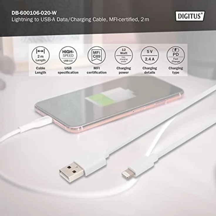 DIGITUS USB-A zu Lightning MFI C89, 2M Daten und Ladekabel, weiß, 5V, 2.4A – Bild 2