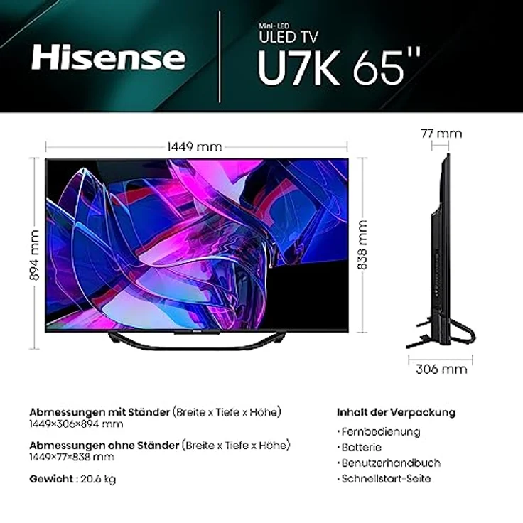 Hisense 65U7KQ 164 cm (65 Zoll) Fernseher 4K Mini LED ULED HDR Smart TV, Quantum Dot, 120Hz, HDMI 2.1, Game Mode Pro, Dolby Vision IQ & Atmos, Bluetooth, Alexa Built-in, Anthrazit [2023], Schwarz – Bild 2