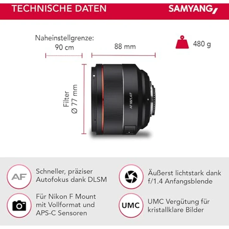Samyang AF 85mm F1.4 F für Nikon F - 85mm Festbrennweite Autofokus Vollformat Objektiv für Nikon Spiegellose und Spiegelreflex DSLR Vollformat und APS-C Kameras mit Nikon F Mount, 77mm Filtergewinde – Bild 2