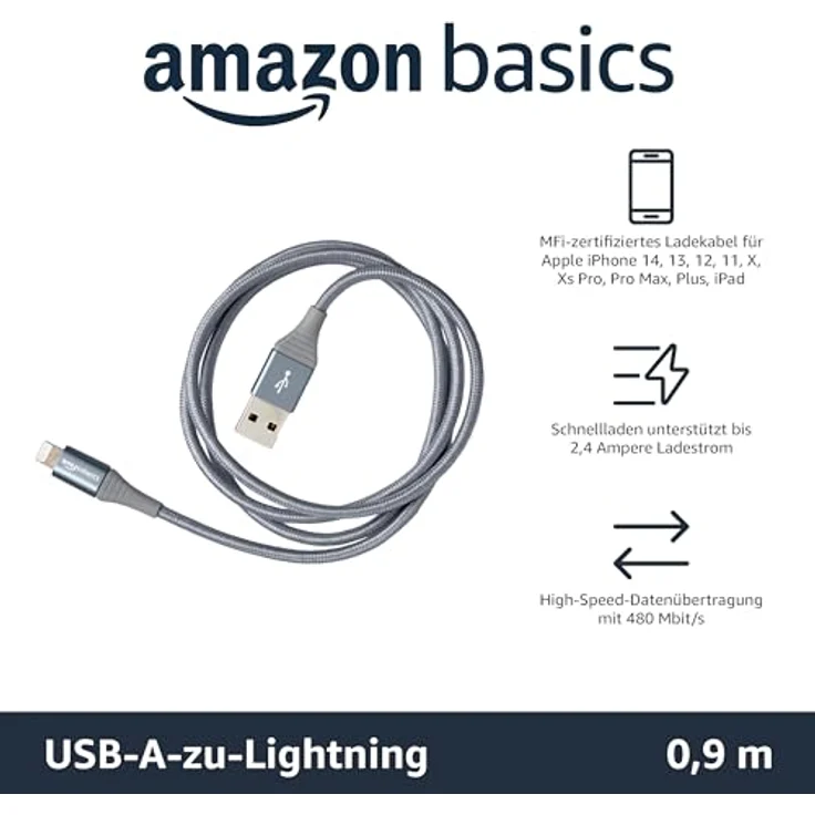 AmazonBasics – Verbindungskabel Lightning auf USB-A, doppelt Nylon-umflochten, fortschrittliche Kollektion, MFi-zertifiziertes Ladekabel für iPhone, dunkelgrau, 91,2 cm – Bild 2