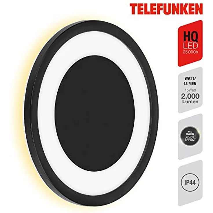 TELEFUNKEN - LED Außenwandleuchte, Außenwandlampe 1-flammig, inkl. Backlight Effekt, inkl. Dekorplatte, 15 Watt, 2.000 Lumen, 4.000 Kelvin, IP44, Weiß/Schwarz, Rund, Ø 28cm – Bild 2