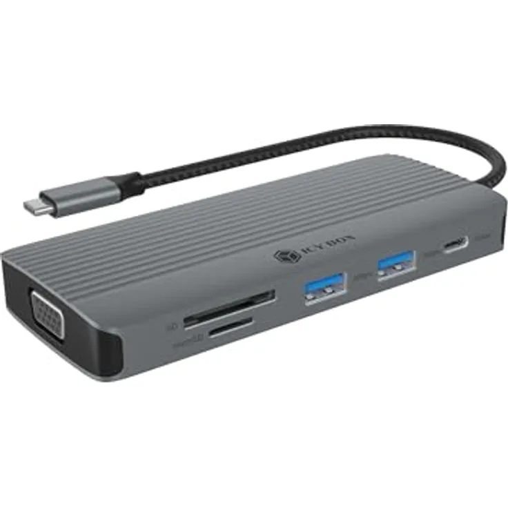 ICY BOX IB-DK4040a-CPD, USB-C Docking Station (10-in-1) mit 1x HDMI (4K 60 Hz), 1x VGA (2K 60 Hz), 3x USB-A, 1x USB-C, SD/microSD Kartenleser, Gigabit Ethernet, 100W Power Delivery, Aluminiumgehäuse