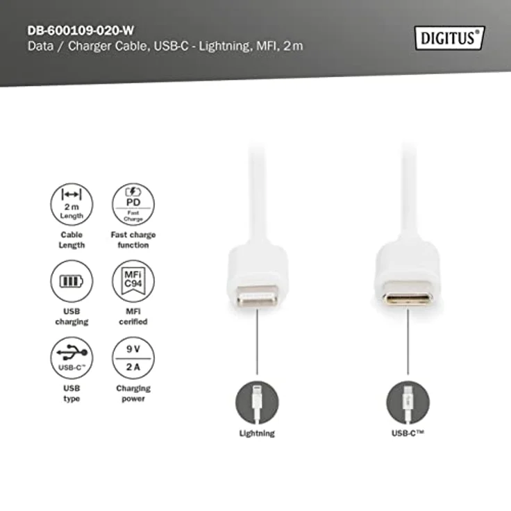 DIGITUS Type C zu Lightning MFI C94, 2M Füllung+AL+B Mantel PVC, weiß OD:3.5mm – Bild 4