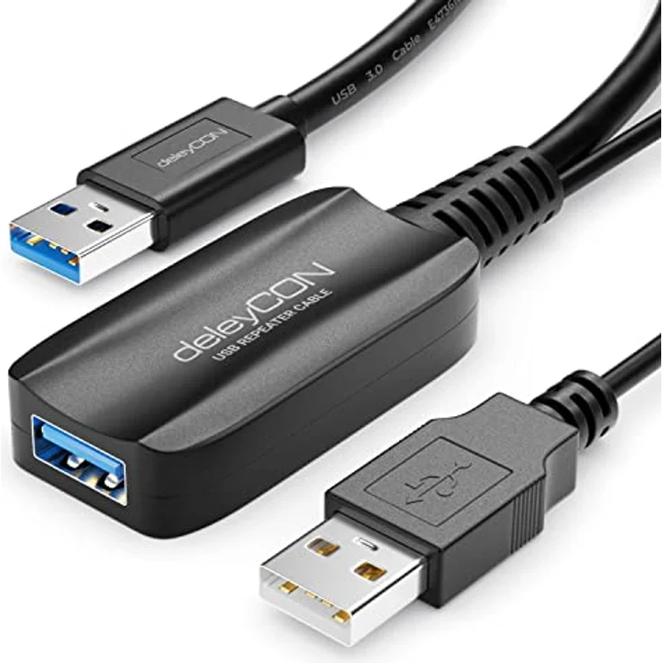 deleyCON 10m Aktive USB Verlängerung mit Signalverstärker USB 3.2 Gen1 (USB3.0 mit 5 GBit/s) USB-A auf USB-A in Schwarz – Bild 1