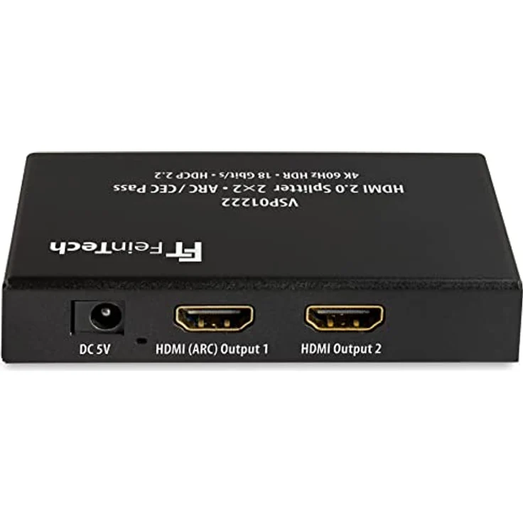 FeinTech VSP01222 HDMI 2.0 Splitter 2 Eingänge 2 Ausgänge Scaler ARC Pass für AV-Receiver 4K 60Hz HDR, Schwarz – Bild 2