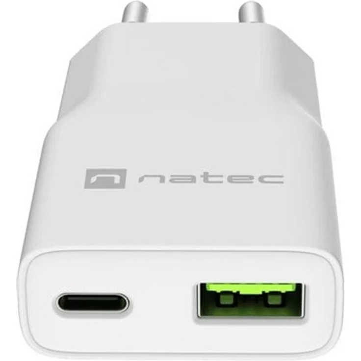 Natec Ribera Power Adapter, GaN Slim, 20 Watt, USB und USB-C, Weiß, PD 3.0, QC 3.0, Huawei Fast Charge