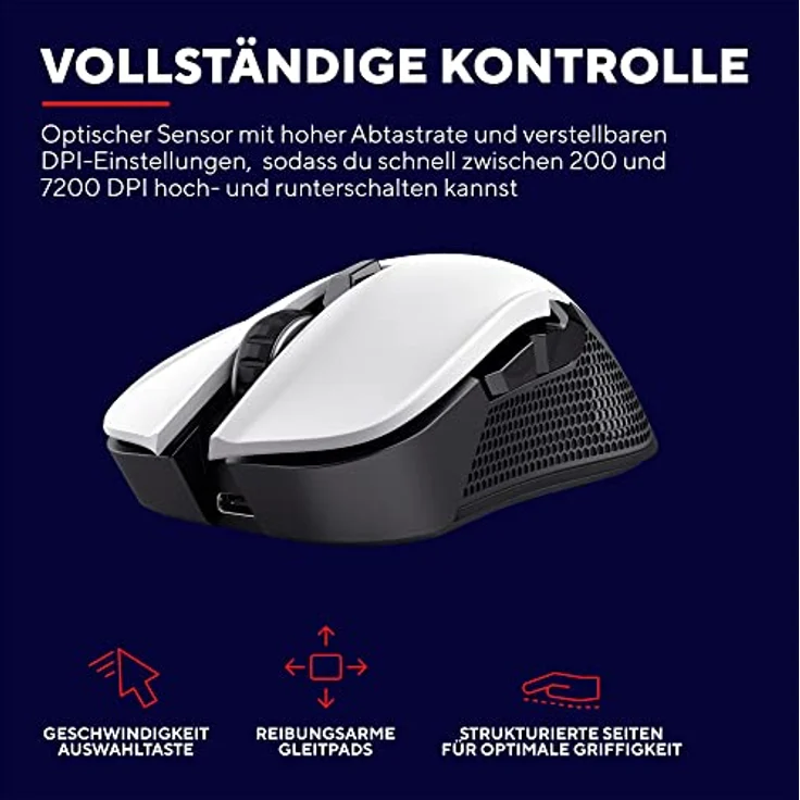 Trust Gaming GXT 923W Ybar Wiederaufladbare Kabellose Gaming-Maus, Geringer Latenz 2.4GHz, 50 Stunden Akkulaufzeit, 200-7200 DPI, 69% Recyclingkunststoff, PC, Laptop, Computer, Windows – Weiß – Bild 4