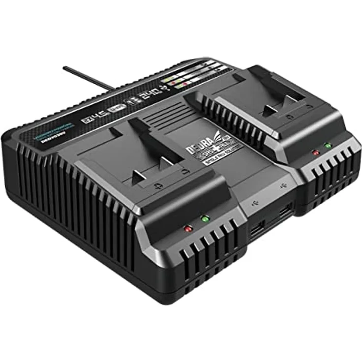 Dedra DEDRA Dual Ladegerät 130W 20V 2,3A, für zwei Akkus, mit LED-Anzeige und zwei USB-Buchsen, lange Lebensdauer, passend zu DED7032, DED7034, DED7035, DED6936, DED6937