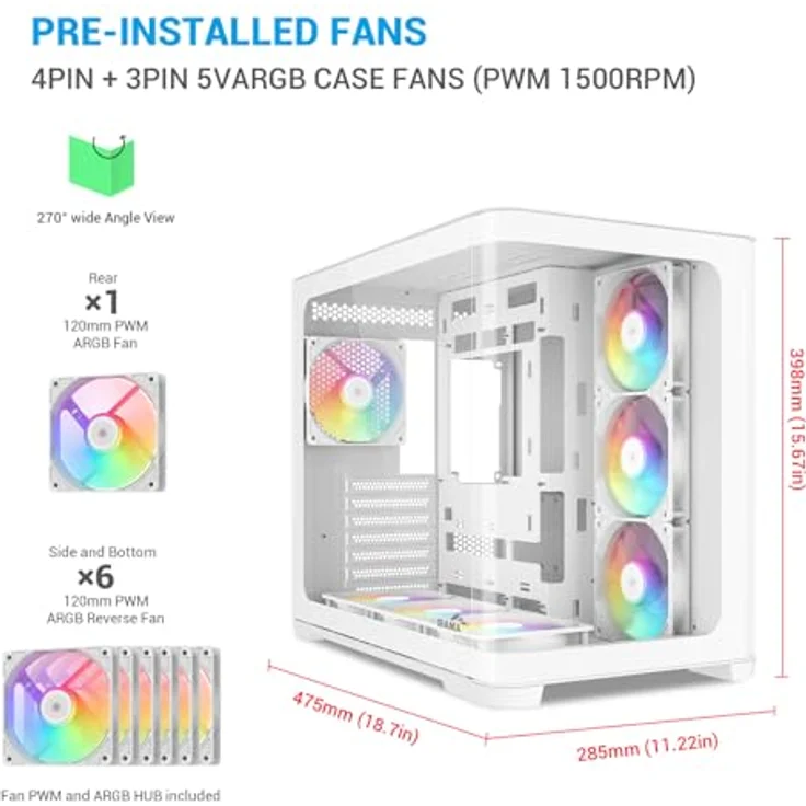 SAMA V60 Mid Tower PC-Gehäuse, geschwungene Glasfront, 7×120mm ARGB PWM Lüfter, USB Type-C, ATX, 360mm AIO Unterstützung – Weiß – Bild 2