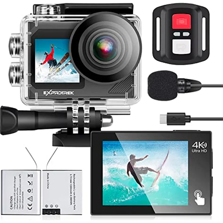 Exprotrek 4K Action Cam, wasserdichte Unterwasserkamera bis 40m, WiFi, 170° Ultraweitwinkel, 2 Akkus & Fernbedienung, Zubehör-Kit – Bild 1