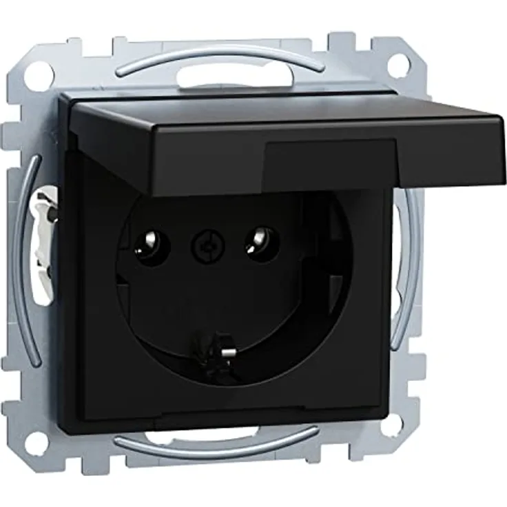 Merten - SCHUKO-Steckdose mit Klappdeckel, Steckklemmen, Schwarz Matt, System M, MEG2311-0403, Schutzkontaktsteckdose