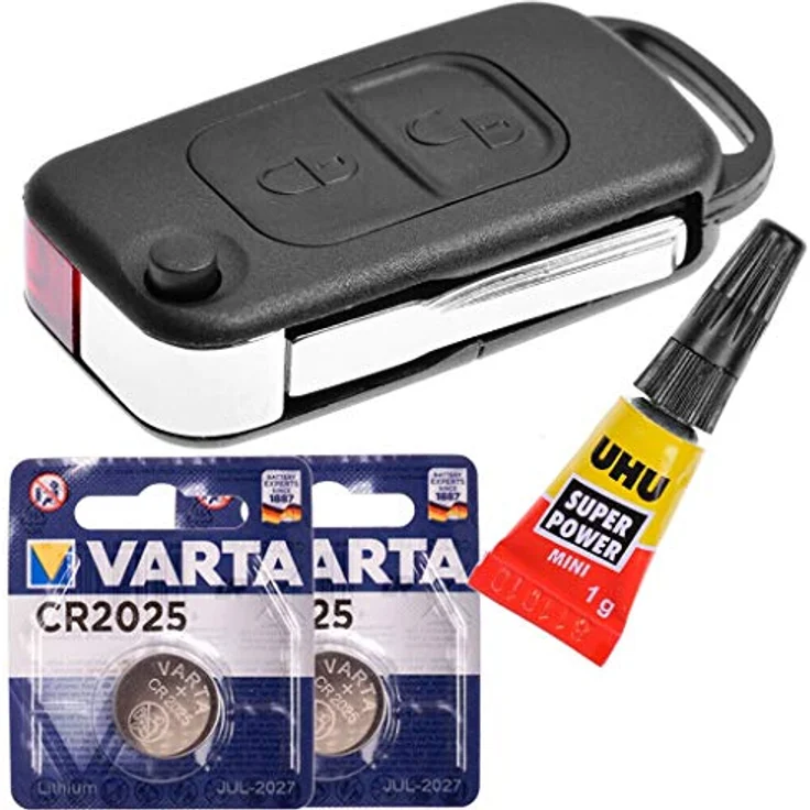 mt-key Auto Schlüssel 2 Tasten mit HU44 Rohling, 1x Uhu Kleber, 2x VARTA CR2025 Knopfzellen für Mercedes W168 R170 W414 W903 und Chrysler Crossfire – Bild 1