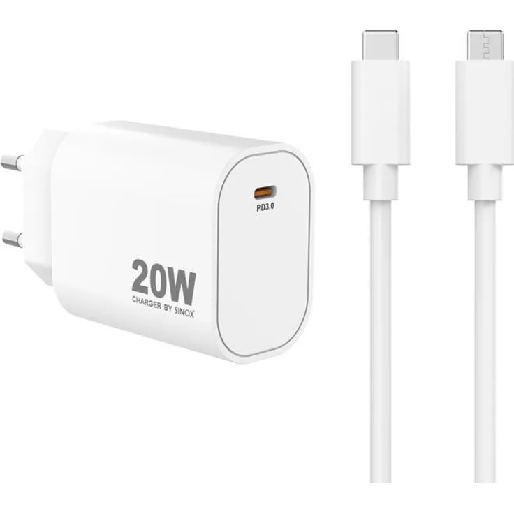 Sinox PRO 230V USB-C PD Ladegerät, 20W mit 2m USB-C Kabel, Weiss