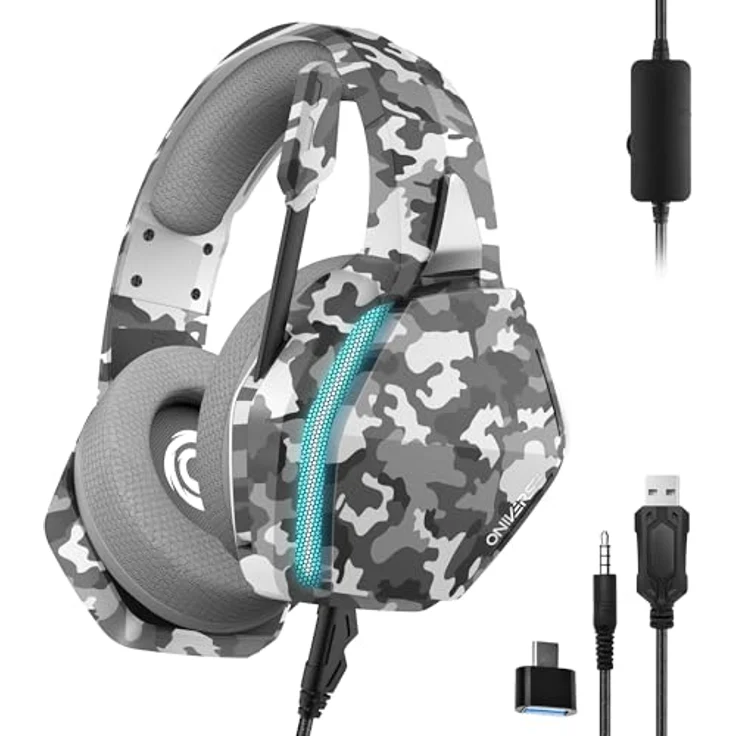 Oniverse Gaming Headset Nebula Grau, kompatibel mit PS5, PS4, Switch, Xbox, PC – 50 mm Lautsprecher, verstellbares Mikrofon, LED, atmungsaktive Ohrpolster, kabelgebunden – Bild 1