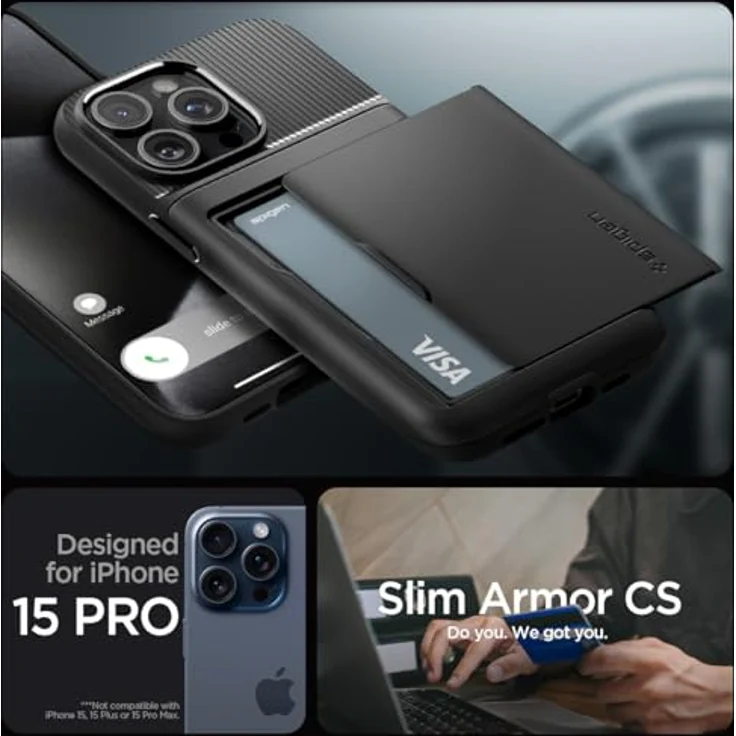 Spigen Slim Armor CS Hülle - iPhone 15 Pro Kompatibel, Schwarz, Eingebautes Kartenfach, Doppelschichtige Schutzhülle, Air Cushion Technologie – Bild 2